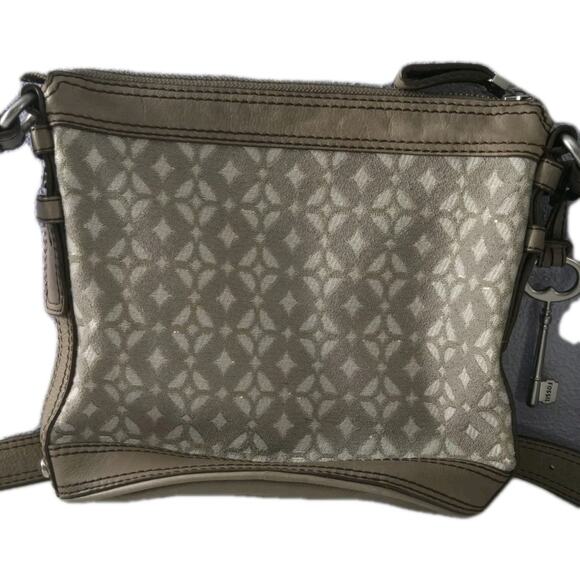 FOSSIL Brown Taupe Crossbody Bag Adjustable Strap Leather Accents - Picture 3 of 13